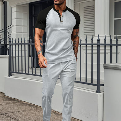 Men’s Two-Piece Set – Short-Sleeve Shirt – Color Block – Athletic Fit – Stand Collar – Stretch Fabric