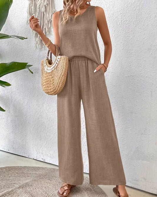 Women’s Summer Set – Sleeveless Crochet Top & Flowy Wide-Leg Pants – Casual Two-Piece Outfit