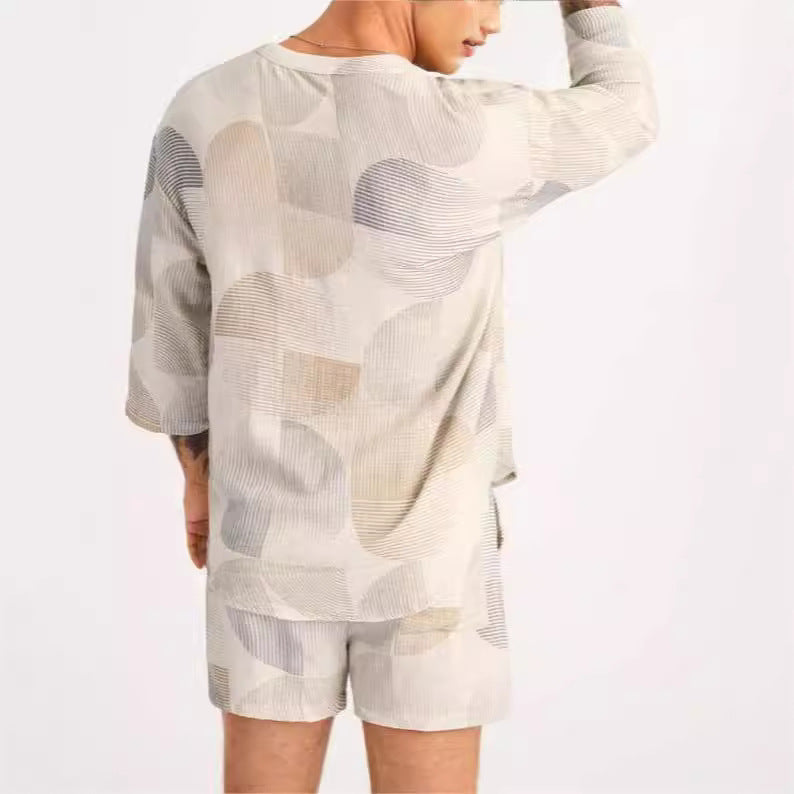 Men’s Shirt and Shorts Set – Lace-Up Neck – Relaxed Fit – Breathable Cotton Blend
