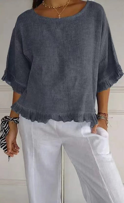 Women’s Blouse – Cotton Linen – Relaxed Fit – Short Sleeve – Ruffle Hem – Round Neck