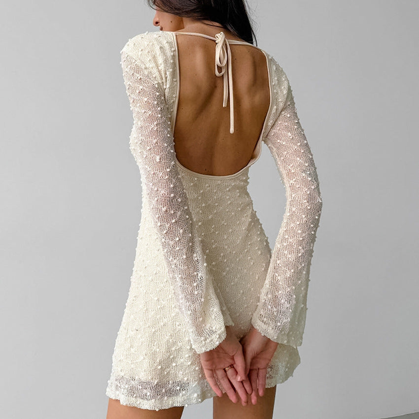 Women’s Mini Dress – Slim Fit – Jacquard Dotted Texture – Round Neck – Long Sleeve