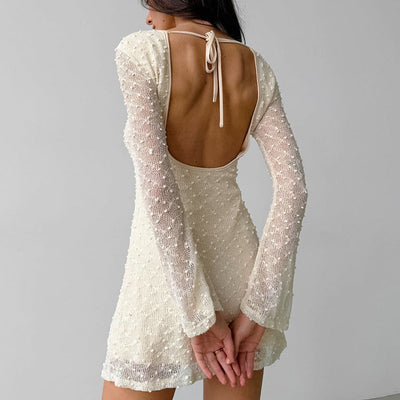 Women’s Mini Dress – Slim Fit – Jacquard Dotted Texture – Round Neck – Long Sleeve
