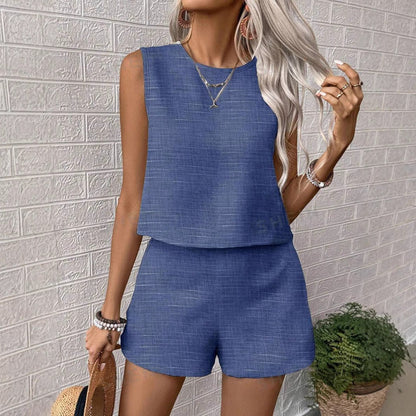 Women’s Two Piece Set – Sleeveless Top and Mid-Thigh Shorts – Linen Feel Relaxed Fit