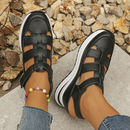 Women’s Wedge Sandals – Closed Toe – Cut-Out Sides – Adjustable Strap – Platform Heel
