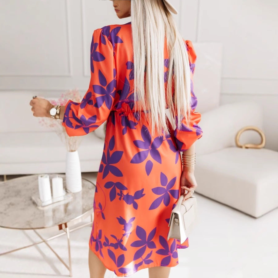 Women’s Midi Dress – Floral A-Line – V-Neck – Puff Sleeve – Cinched Waist – Lightweight
