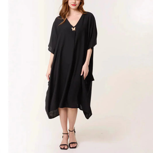 Women’s Tunic Dress – Relaxed Fit – V-Neck – Elbow Sleeve – Midi Length – Breathable Blend