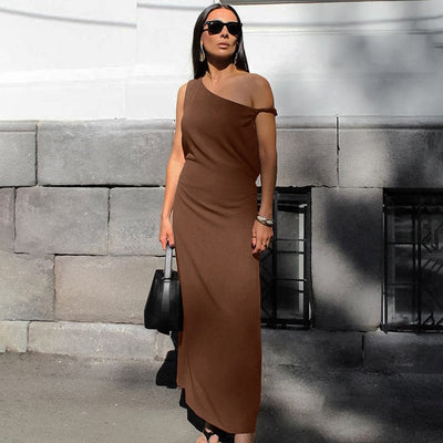 Women’s One-Shoulder Dress – Cotton Linen Blend – Slim Fit – Full Length – Formal Wear