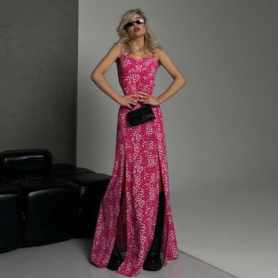 Women’s Maxi Dress – Slim Fit – Spaghetti Straps – High Slit – Floral Print – Cinched Waist