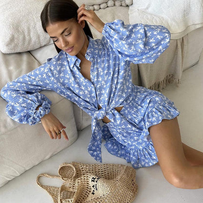 Women’s Two-Piece Set – Tie-Front Shirt – Long Puff Sleeves – High-Waist Ruffle Shorts
