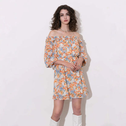 Women’s Mini Dress – Chiffon – Strapless Off Shoulder – Floral Print – Flowy Fit