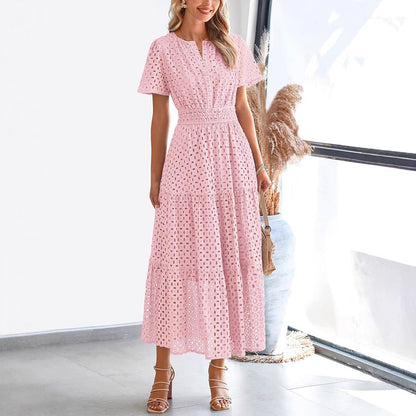 Women’s Long Dress – Embroidered Lace – V-Neck – Elastic Waist – Flowy Short Sleeve