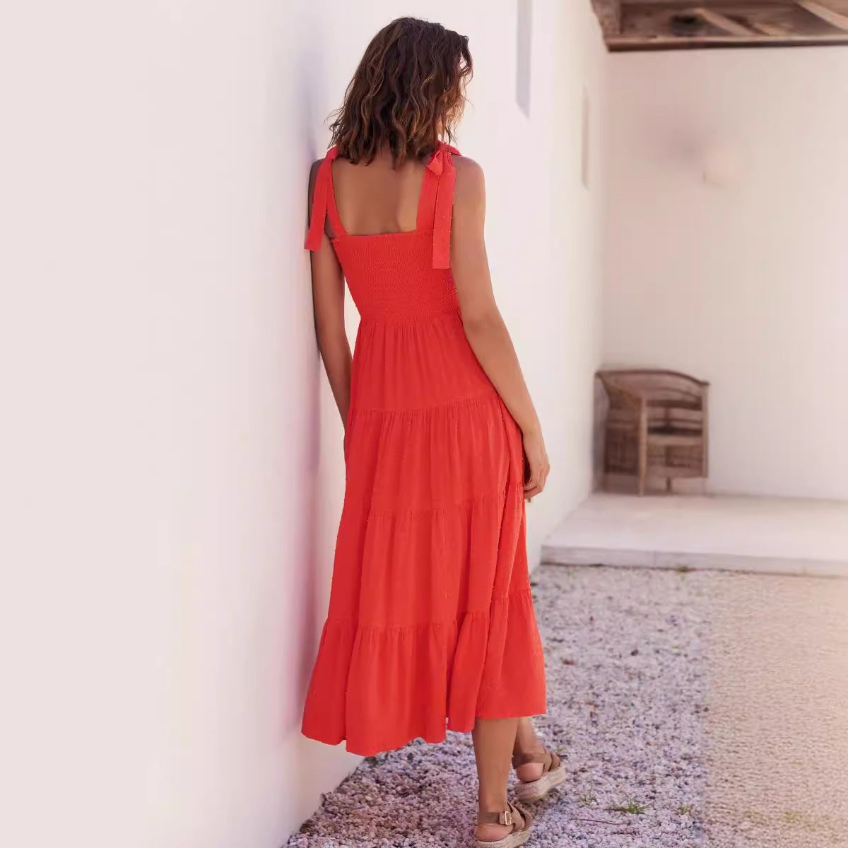 Women’s Midi Dress – Smocked Bodice – Adjustable Straps – Tiered A-Line Skirt