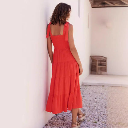 Women’s Midi Dress – Smocked Bodice – Adjustable Straps – Tiered A-Line Skirt