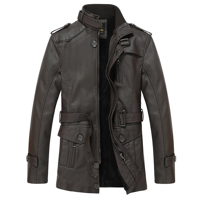 Men's Faux Leather Jacket - Biker Style - High Collar - Zip Closure - Multiple Pockets
