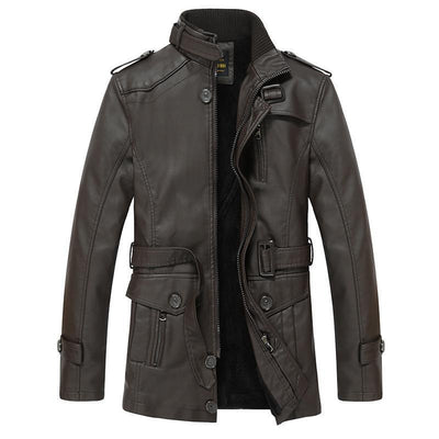 Men's Faux Leather Jacket - Biker Style - High Collar - Zip Closure - Multiple Pockets