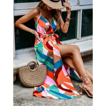 Women’s Maxi Dress – Deep V-Neck – Sleeveless – Flowing Fit – Side Slit