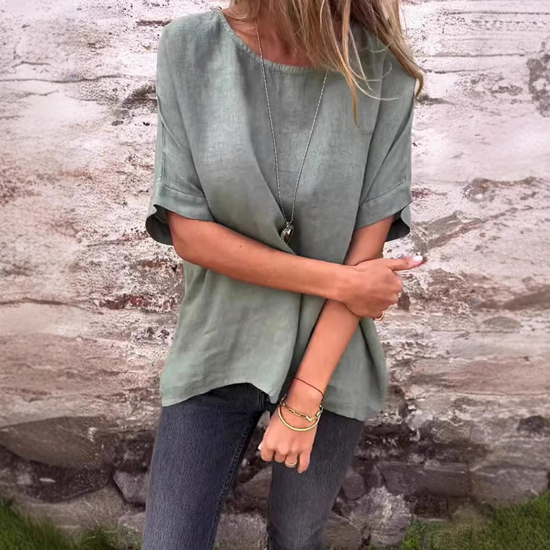Women’s T-Shirt – Linen Blend – Loose Fit – Short Sleeve – Curved Hem Casual Style