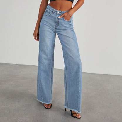 Women’s Wide-Leg Jeans – Sturdy Denim – Relaxed Fit – Raw Hem – Floor-Length Casual Wear