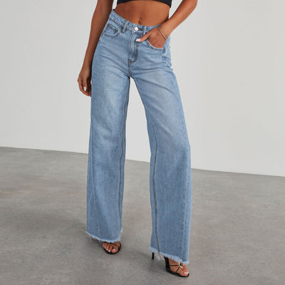 Women’s Wide-Leg Jeans – Sturdy Denim – Relaxed Fit – Raw Hem – Floor-Length Casual Wear