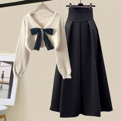 Women's Cable-Knit Sweater & High-Waisted A-Line Skirt – Relaxed Fit – Long Sleeve Crew Neck