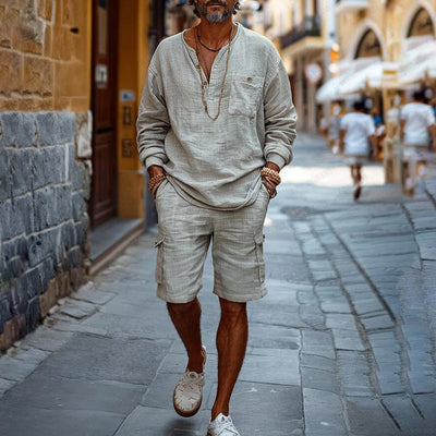 Men’s Casual Set – Relaxed Fit – V-Neck Long Sleeve Top – Cargo Shorts – Breathable Blend