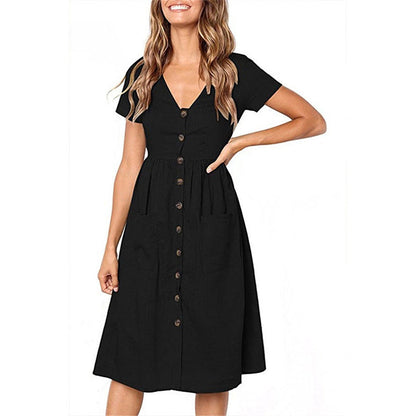 Women’s A-Line Dress – Button Front – Short Sleeve – Breathable Blend – Midi Length