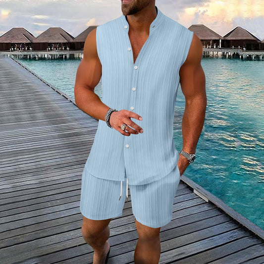 Men’s Shirt and Short Set – Relaxed Fit – Button-Up – Linen – Mandarin Collar