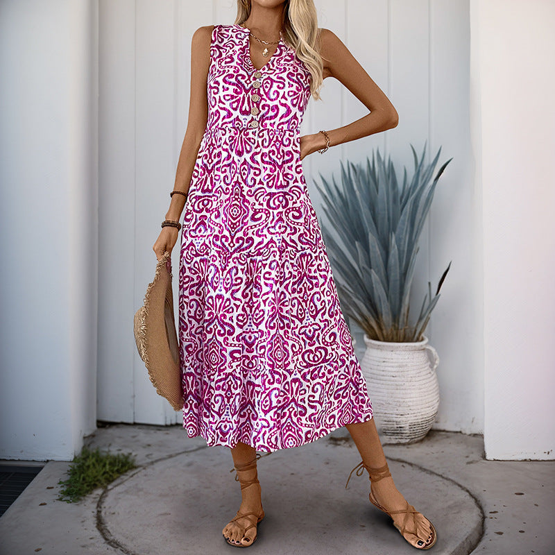 Women’s Midi Dress – Sleeveless V-Neck – Abstract Print – Tiered A-Line