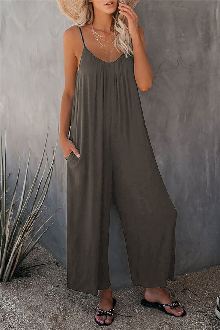 Women’s Jumpsuit – Relaxed Fit – Wide Leg – Spaghetti Straps – Breathable Blend – Pockets
