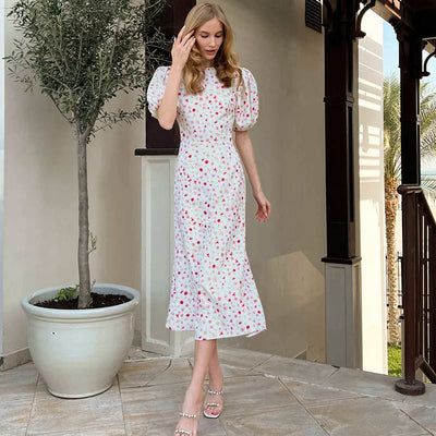 Women’s Midi Dress – Slim Fit – Puff Sleeve – High Waist Mermaid Hem – Floral Print