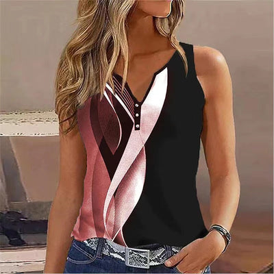 Women’s Sleeveless Top – V-Neck – Relaxed Fit – Decorative Buttons – Breathable Blend