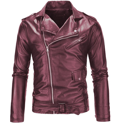 Men’s Leather Biker Jacket - Leather - Asymmetrical Zip - Lapel Collar - Belted Waist