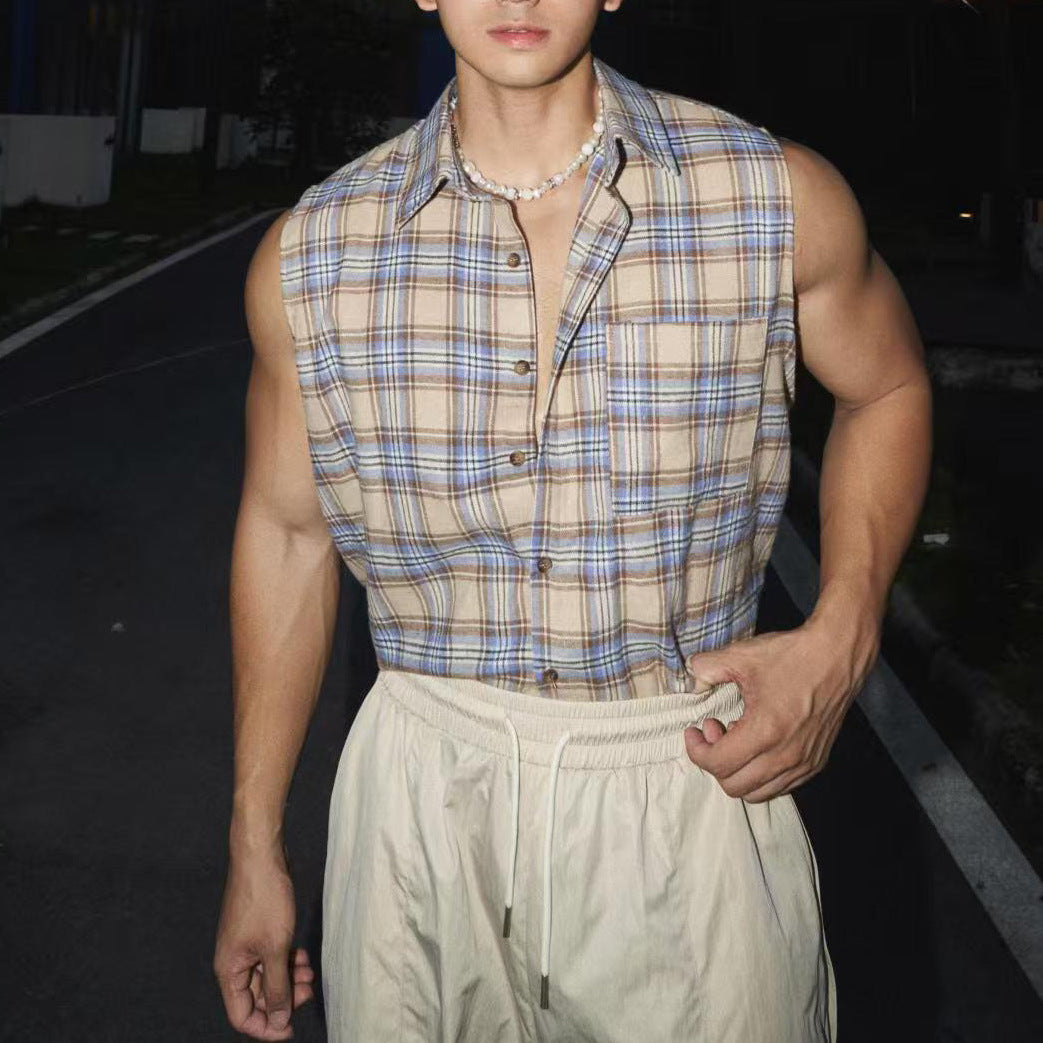 Men’s Sleeveless Shirt – Loose Fit – Button-Down Plaid – Lightweight Cotton Casual