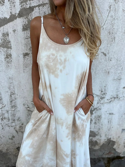 Women’s Maxi Dress – Relaxed Fit – Natural Fibers – Adjustable Straps – Pockets – Animal Print