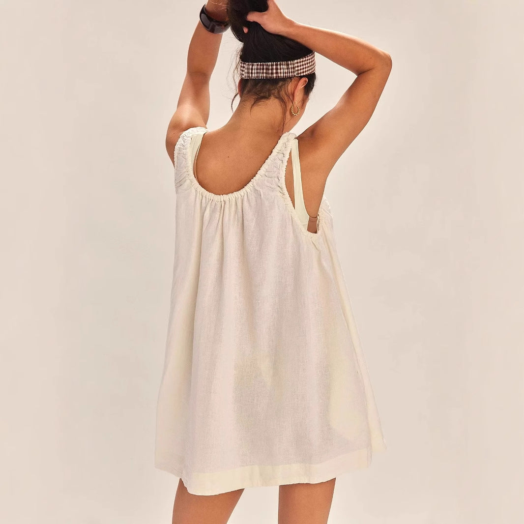 Women’s Sleeveless Dress – Loose Fit – Above Knee – Gathered Neckline