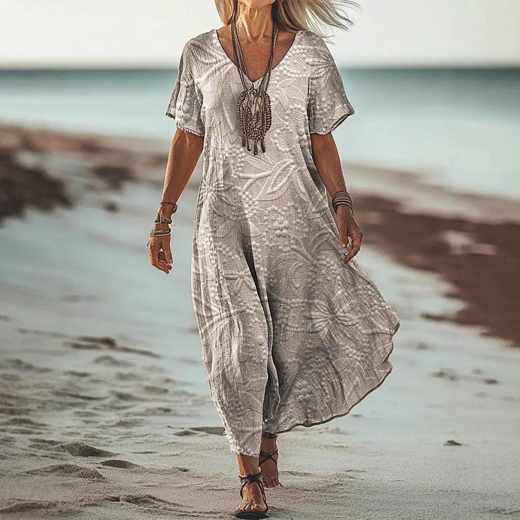 Women’s Mid-Length Dress – A-Line Fit – V-Neck – Short Sleeve – Floral Print – Breathable Blend