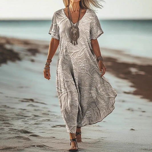 Women’s Mid-Length Dress – A-Line Fit – V-Neck – Short Sleeve – Floral Print – Breathable Blend