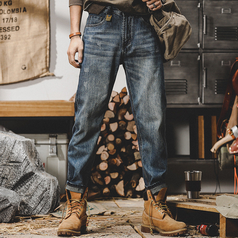 Men’s Jeans – Relaxed Fit – Straight Leg – Distressed Stone-Washed Denim – Casual Wear