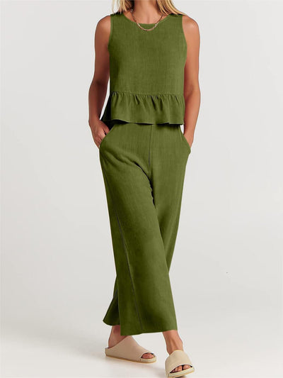 Women’s Set - Peplum Top – Lightweight Cotton Blend – Relaxed Fit – Wide Leg Pants