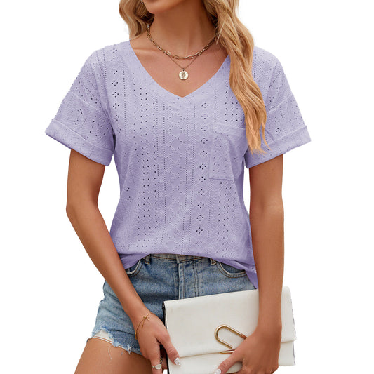 Women’s T-shirt – Relaxed Fit – V-neck – Eyelet Pattern – Short Sleeve – Breathable Blend