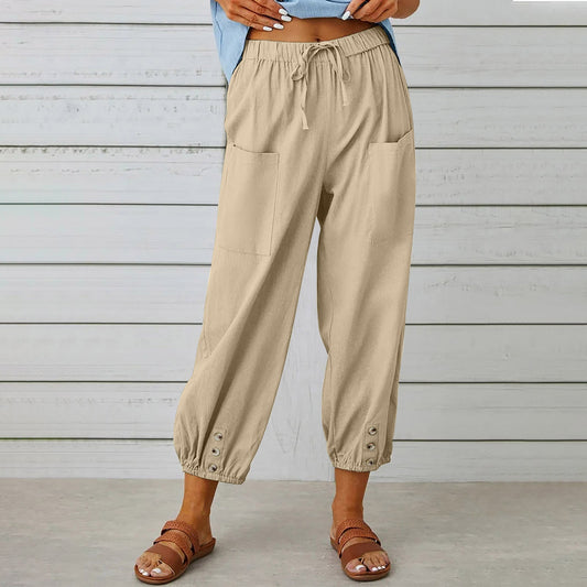 Women’s Cropped Pants – Cotton Linen Blend – High Waist – Loose Fit – Elasticated Hem