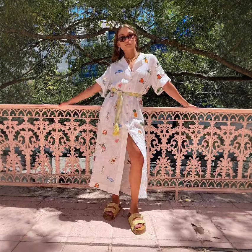 Women’s Shirt Dress – Lightweight Cotton – Relaxed Fit – Printed – Button Front – Belted – Midi – Short Sleeve