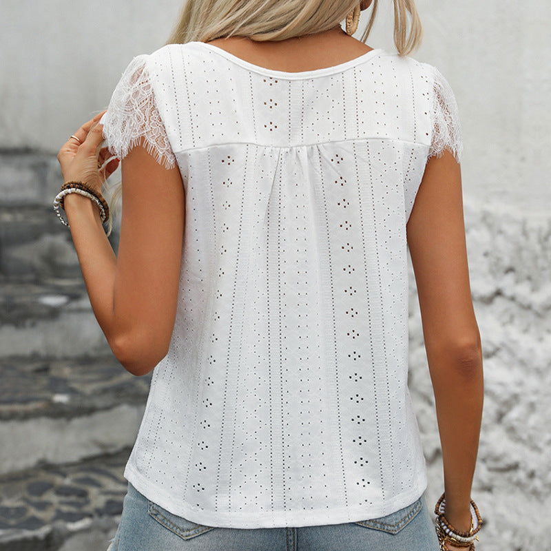 Women’s V-Neck Top – Eyelet Fabric – Lace Trim – Relaxed Fit – Short Sleeve Casual