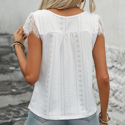 Women’s V-Neck Top – Eyelet Fabric – Lace Trim – Relaxed Fit – Short Sleeve Casual