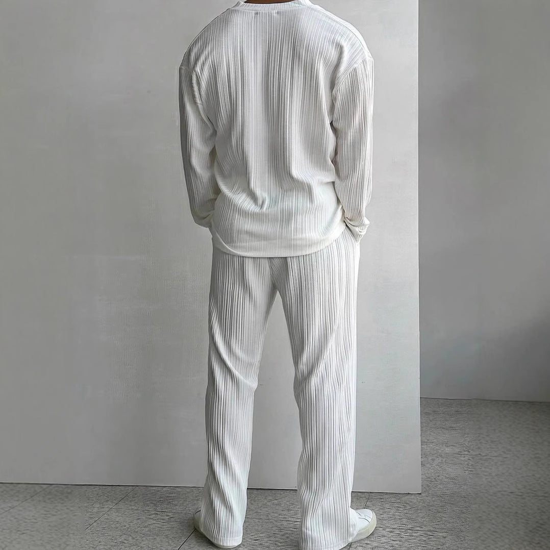 Men’s Matching Set – Relaxed Fit – Pleated Texture – Collarless Shirt & Straight-Leg Pants