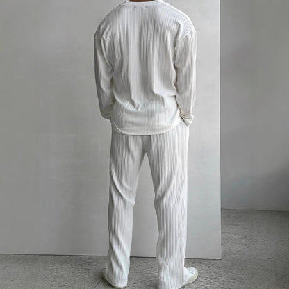 Men’s Matching Set – Relaxed Fit – Pleated Texture – Collarless Shirt & Straight-Leg Pants