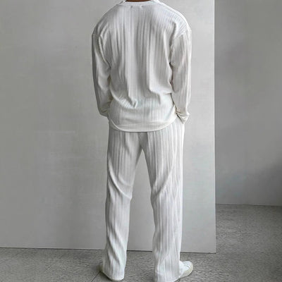 Men’s Matching Set – Relaxed Fit – Pleated Texture – Collarless Shirt & Straight-Leg Pants
