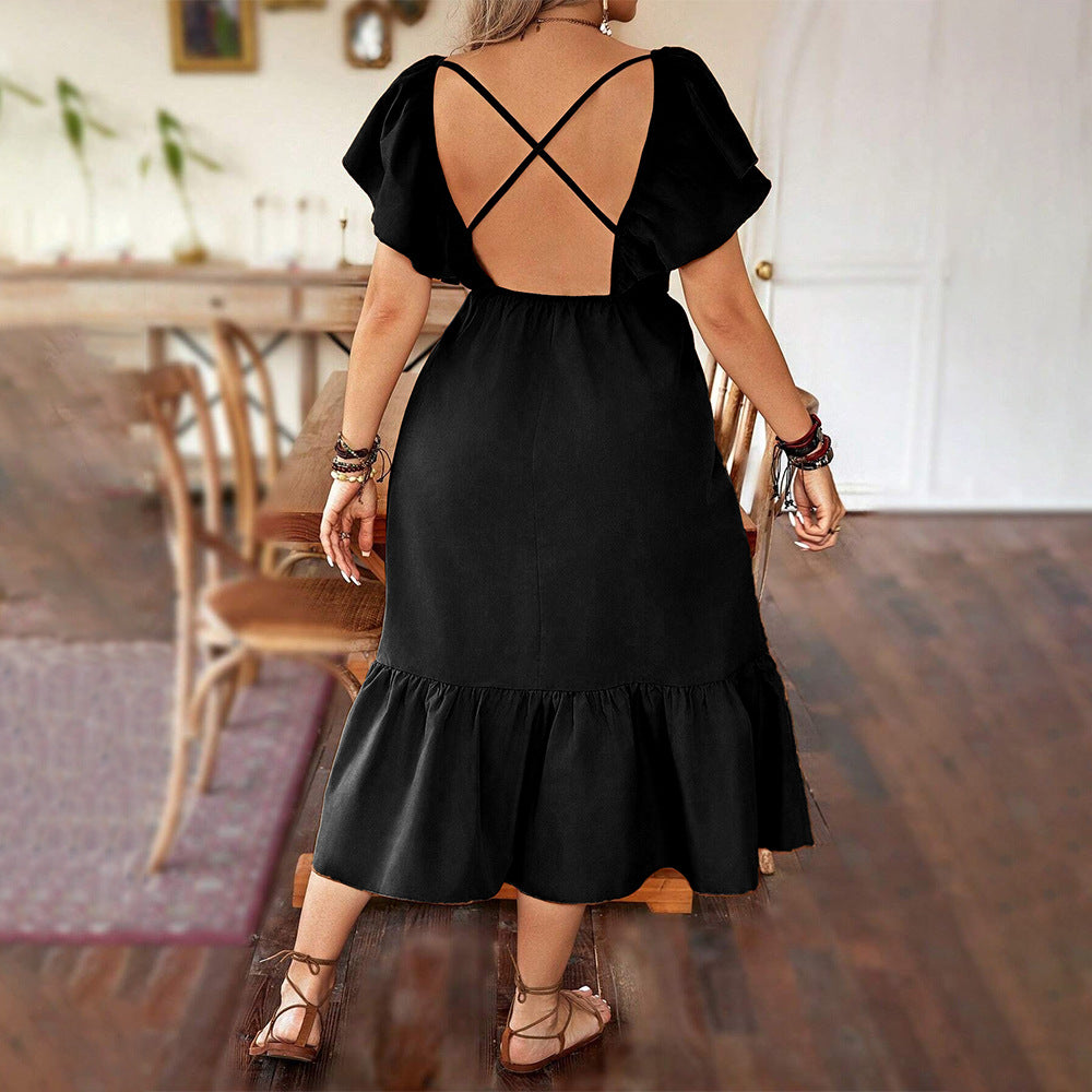 Women’s Midi Dress – V-Neck – A-Line Fit – Short Puff Sleeves – Ruffled Hem – Cotton