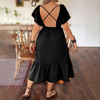 Women’s Midi Dress – V-Neck – A-Line Fit – Short Puff Sleeves – Ruffled Hem – Cotton