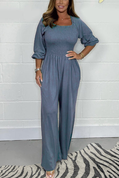 Women’s Jumpsuit – Smocked Bodice – Cotton Blend – Wide Leg – 3/4 Sleeve – Square Neck